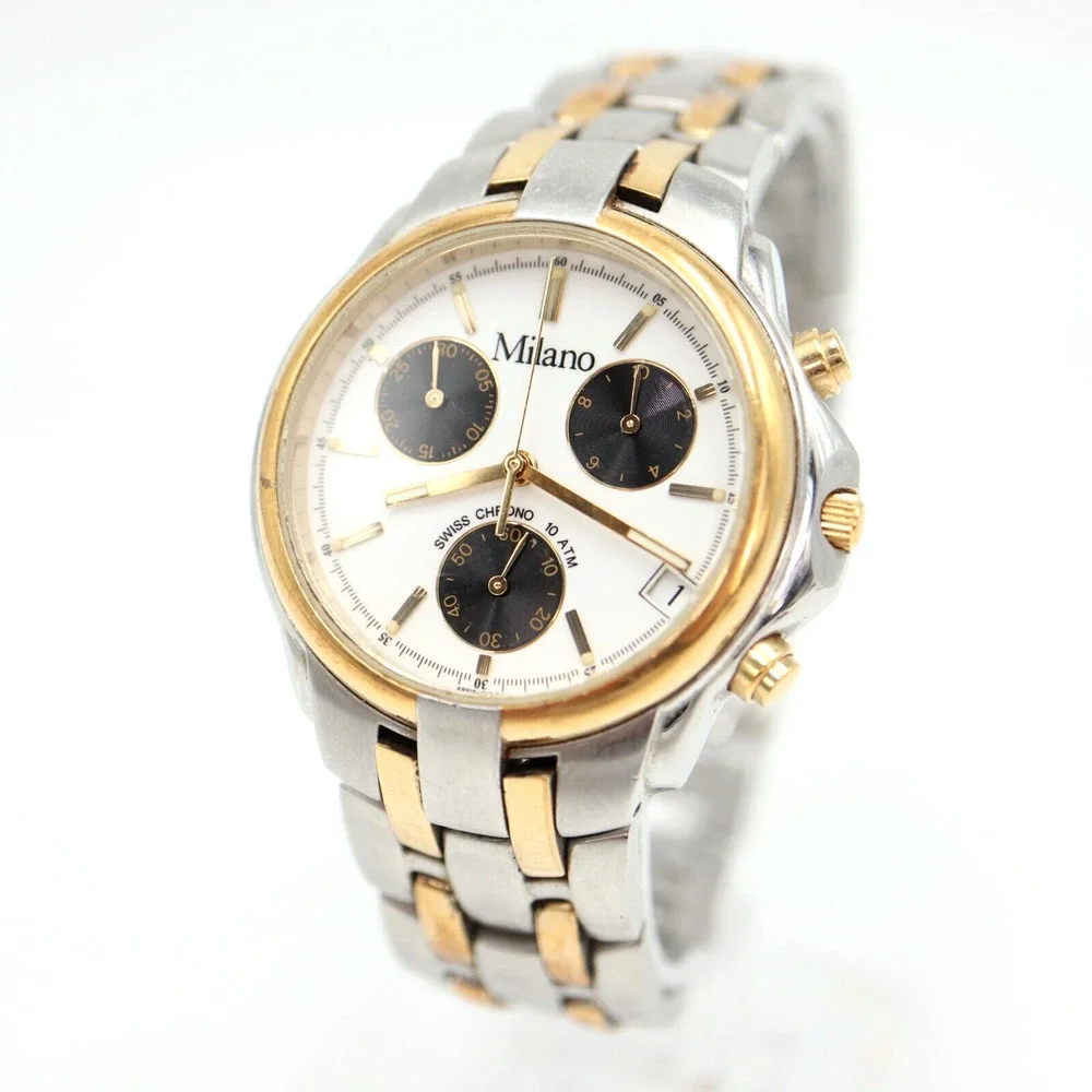 Milano Swiss Chrono Mens Watch 38mm Panda 3-Eye Dial Stainless Steel New Battery